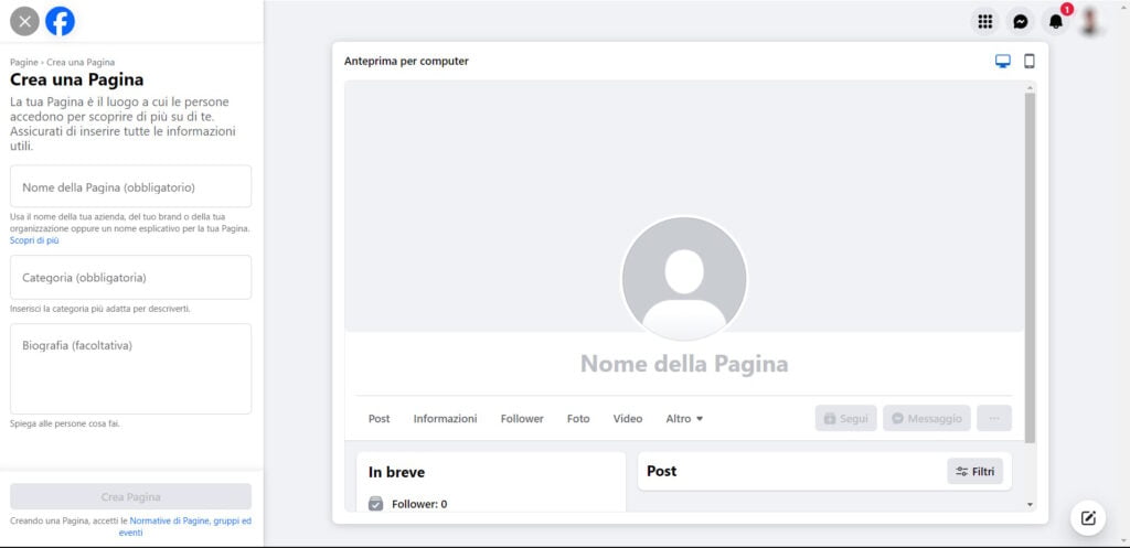 Crea pagina facebook